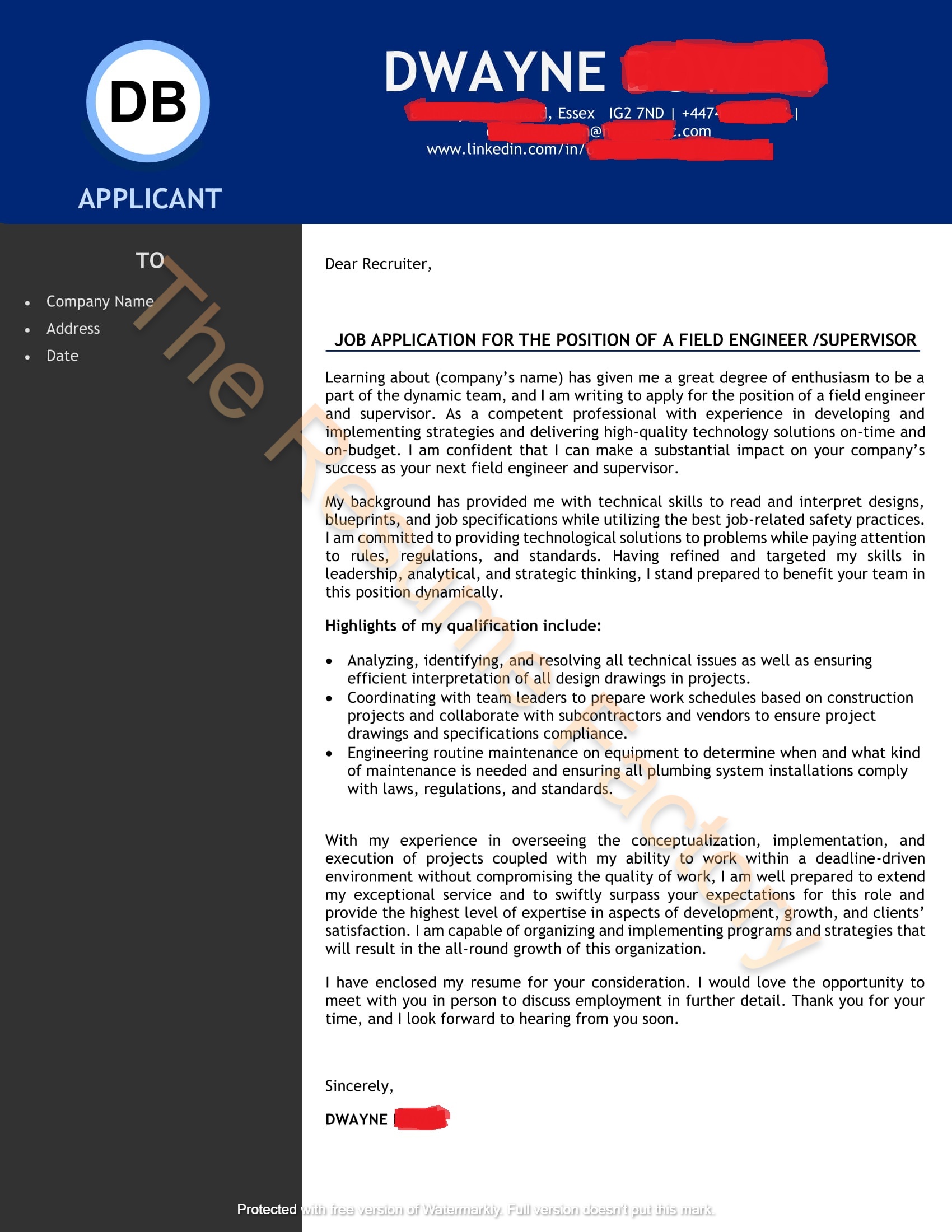 Field Engineer The Resume Factory   Field Engineer Cover Letter 